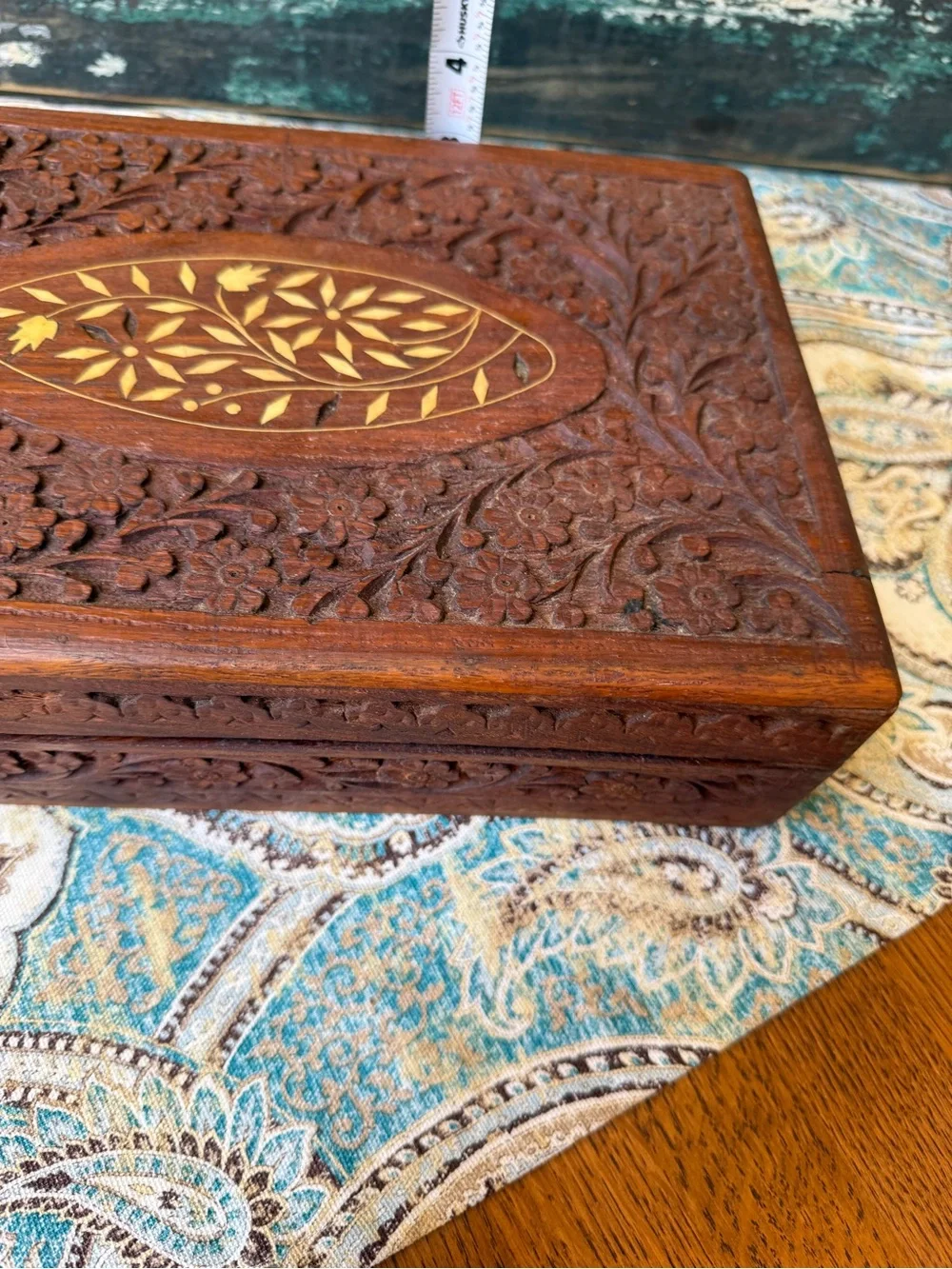 Carved Wood Jewelry Box Floral Inlay Large Keepsake Chest Vintage